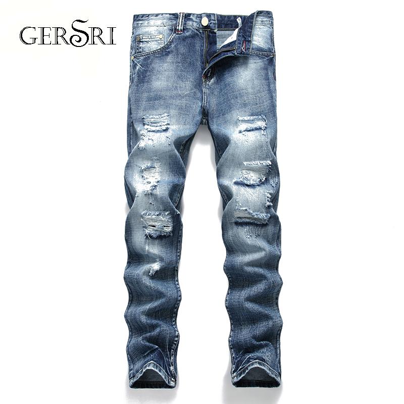 

Gersri Fashion Jeans Men Straight Dark Blue Color Printed Mens Jeans Ripped Cotton Destroy Knee Hole Male, 954nostalgic