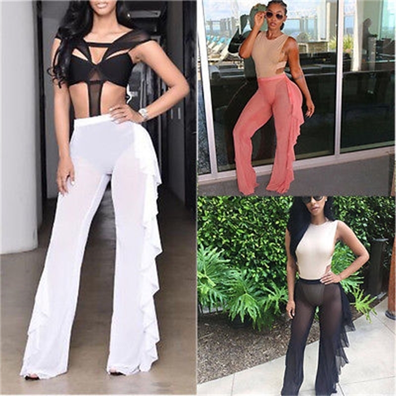 

New Women Beach Mesh Sheer Bikini Cover Up Black White Ruffles Swimwear Bathing Suit Bottom Pants Trousers, White;black