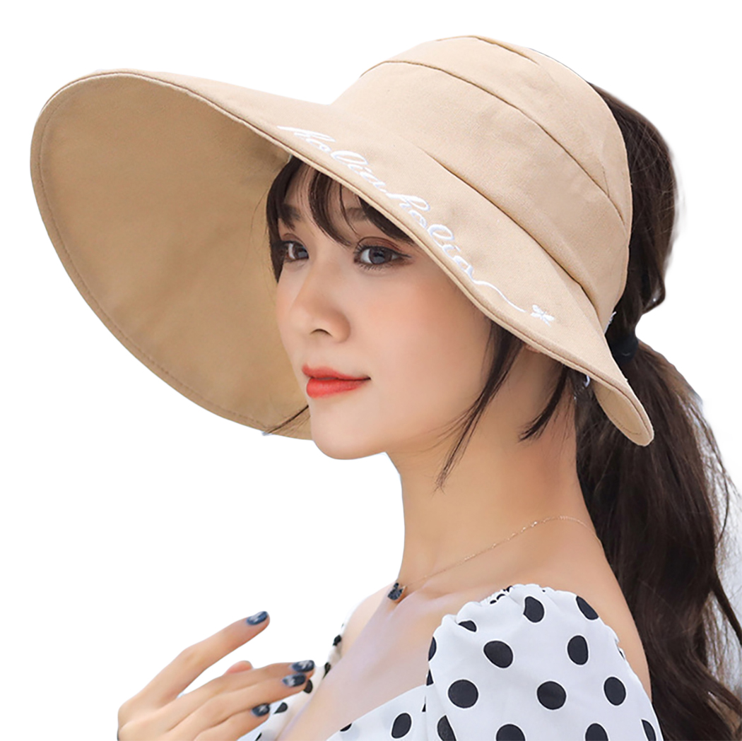 

2020 New Summer Women Sun Hats Fashion Casual Embroidery Letter Sun Protection Hat Wide Brim Hat for Women Summer Beach, Black
