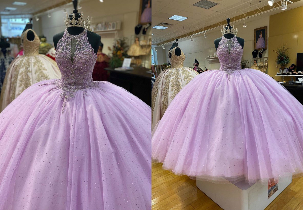 Romantic Lilac Halter Quinceanera Prom Dresses Ball Gown Rhinestones Top Bling Puffy Skirt Beaded Evening Formal Gowns Plus Size-image-688760427