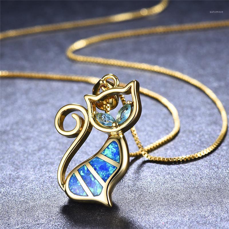 

Boho Women Ladies Cat Eye Pendants Necklaces Blue Fire Opal Stone Choker Necklaces Fashion Yellow Gold Filled Animal Necklace1