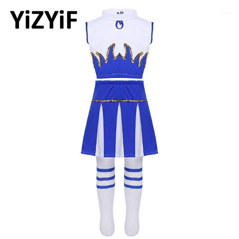 

Kids Girls Cheerleader Costume Rave Outfit Sleeveless Crop Top with Skirt and Socks Jazz dance costume teens girls dancewear1