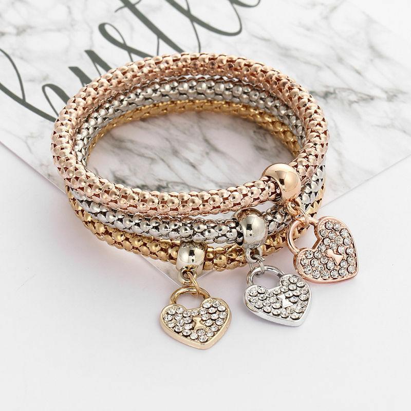 

3PCs Women Gold Rhinestone Bracelets Gold/Silver/Rose Bracelets Bangle Jewelry