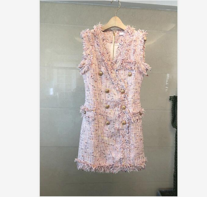 

2020 Autumn new women's v-neck sleeveless tassel fringe double breasted tweed woolen short dress S  L, Black;gray