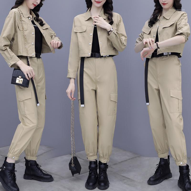 

2020 Autumn women' fashion tall waist loose short jackets+pants tooling slacks suits female vintage two piece sets1, Khaki