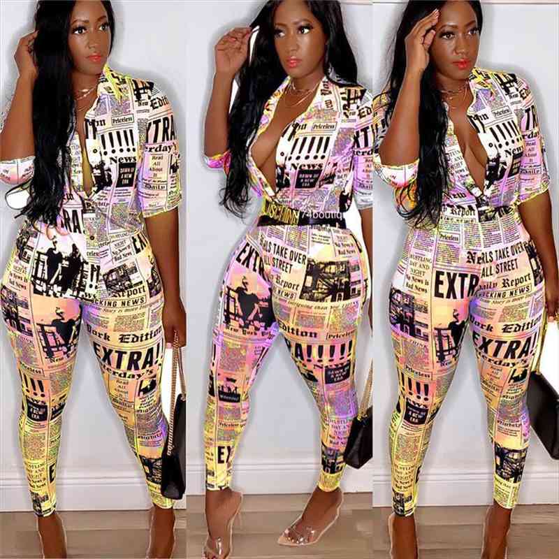 

Newspaper Print Two Piece Sets Women Turn-down Collar Button Up Blouses Shirts And Pencil Pants Suit Club 2 Outfits, White