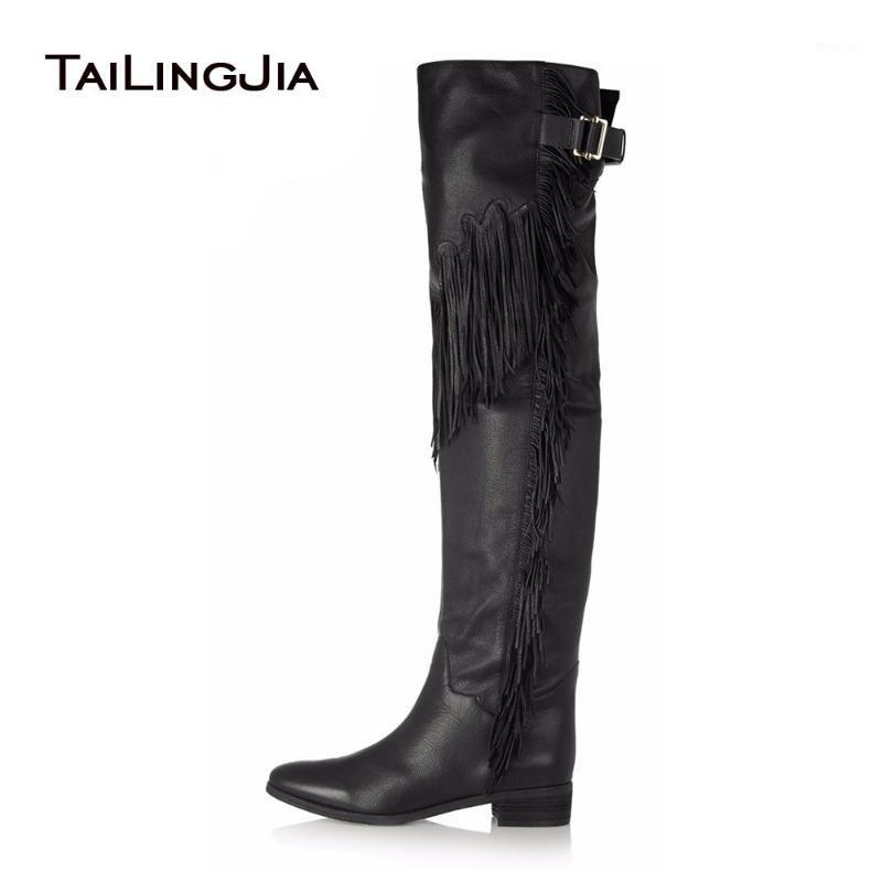 

Women Black Brown Flat Tassel Over Knee High Boots 2020 Ladies Winter Shoes Low Block Heel Thigh High Boots Plus Size Wholesale1