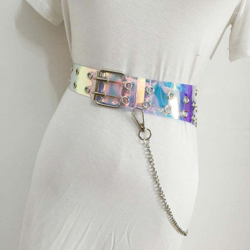 

New Summer 2020 Fashion Simple wild double pin buckle transparent high quality PVC belts women all-match metal chain accessories1, Black