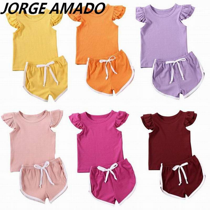 

Girls Summer Suit 2020 new Cotton Stripe Short Sleeve Tops and Shorts 2pcs Suit Kids Clothing Set E211611, Orange