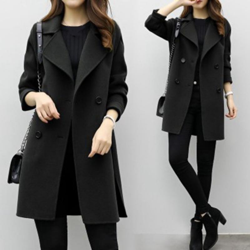 

Woolen Overcoat Outwear female 2020 autumn- winter new Slim long paragraph type double-breasted coat loose thin tide Jacket, Black