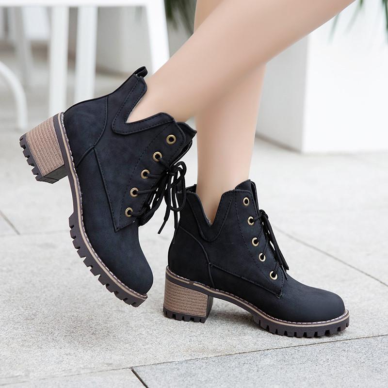 

YMECHIC 2020 New Arrival Womens Boots Ankle Winter Autumn Ladies Shoes Block High Heels Lace Up Cross Tie Booties Woman Footwear, Black