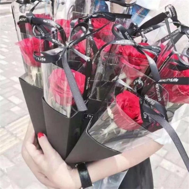

Single Flower Rose Box PVC Triangular Box Bouquet Wrapping Plastic Bags Paper Boxes Valentine's Day For Flowers Gifts Packaging1