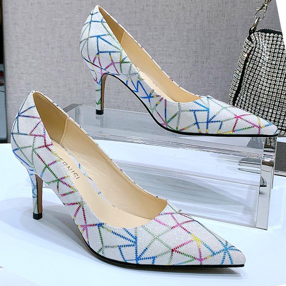 

2020 Heels High Seven.5cm Bright Colored Lines Daily Women's Kitten Shoes White Ladies Tacones Mujer Siez46 S0v3, Black