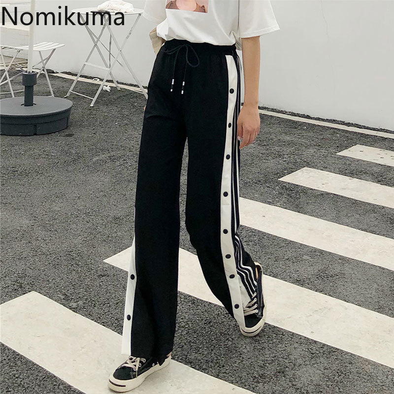 

Nomikuma Contrast Color Striped Loose Pants Women High Waist Straight Pantalones Side Buttons Korean Trousers Streetwear 3a747 201109, Black pants