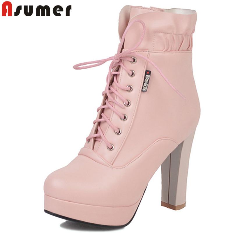 

ASUMER big size 34-43 autumn winter boots round toe zip ladies ankle boots elegant cross tied platform 2020 new, White