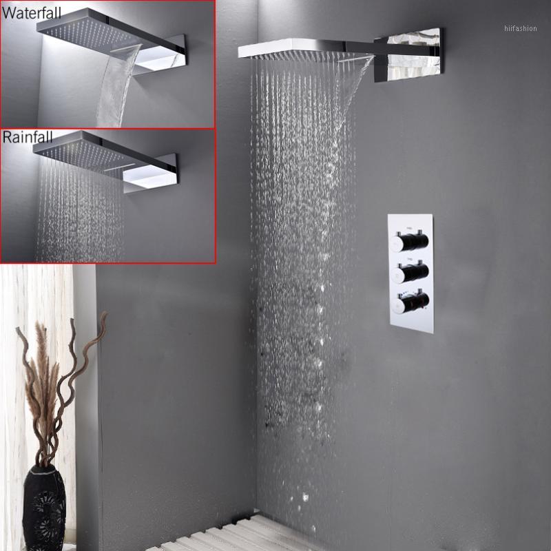 

DISGOD Wall Mount Bathroom Waterfall And Rain Shower Head Hot And Cold Large Water Mixing Valve Contemporary Style Top Shower1