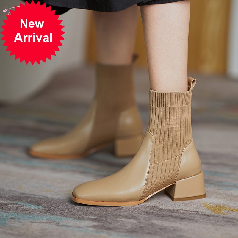 

2021 The New Casual Square Style Toe Genuine Leather Ankle Knitting High-heeled Motorcycle Boots Women's Size Shoes 0ab5, Brown