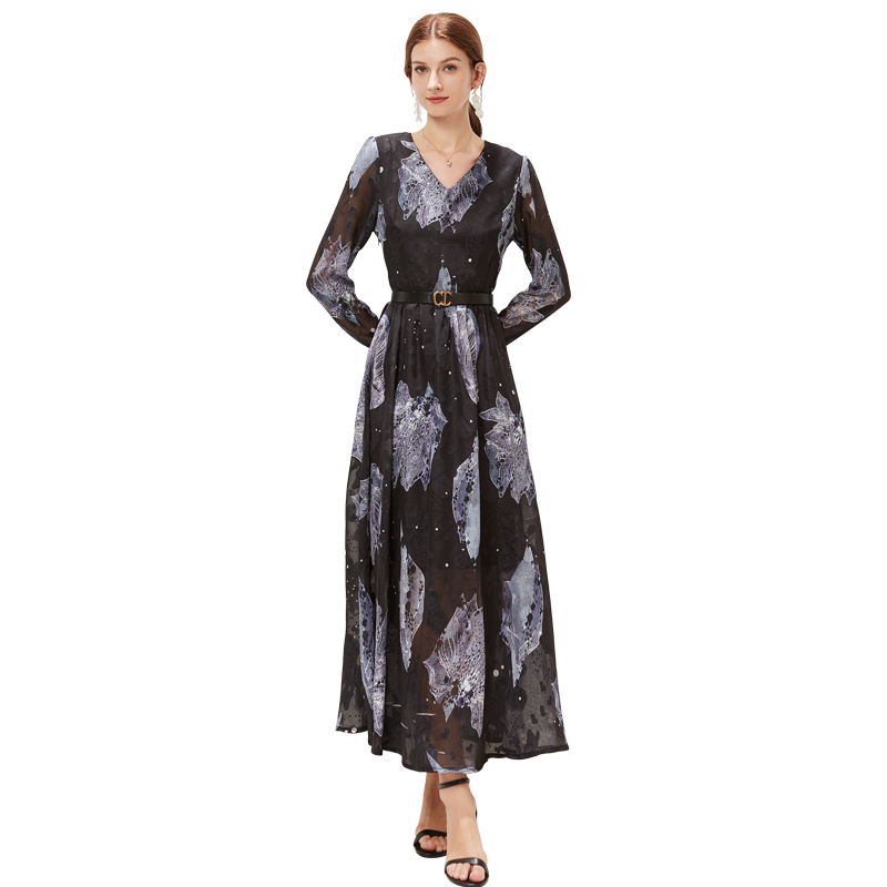 

2022 Lace Prom Woman Designer Dresses With Belt Spring Autumn Long Sleeve Holiday Print High Waist Runway Black Party Dress Office Lady V-Neck Runway Slim Maxi Frock, Army green