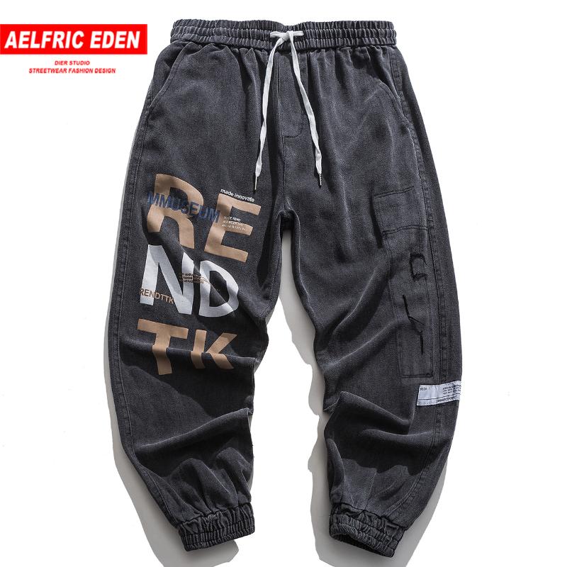

Aelfric Eden 2020 Hip Hop Print Denim Jeans Streetwear Harajuku Elastic Waist Pant Man Oversize Loose Joggers Men Trousers Black