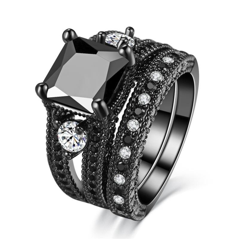

Trendy Black Cubic Zirconia Wedding Bands Rings For Women Silver Color Ring Set Wholesale Lots Bulk