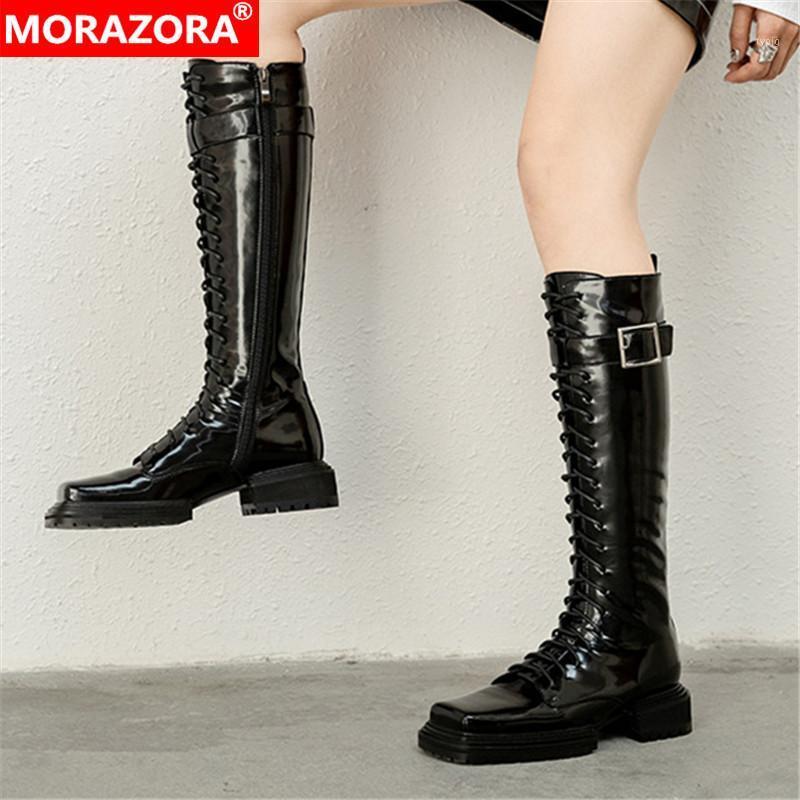 

MORAZORA 2020 Genuine leather boots med heels square toe black color knee high boots winter fashion women ladies shoes1, Black cowhide