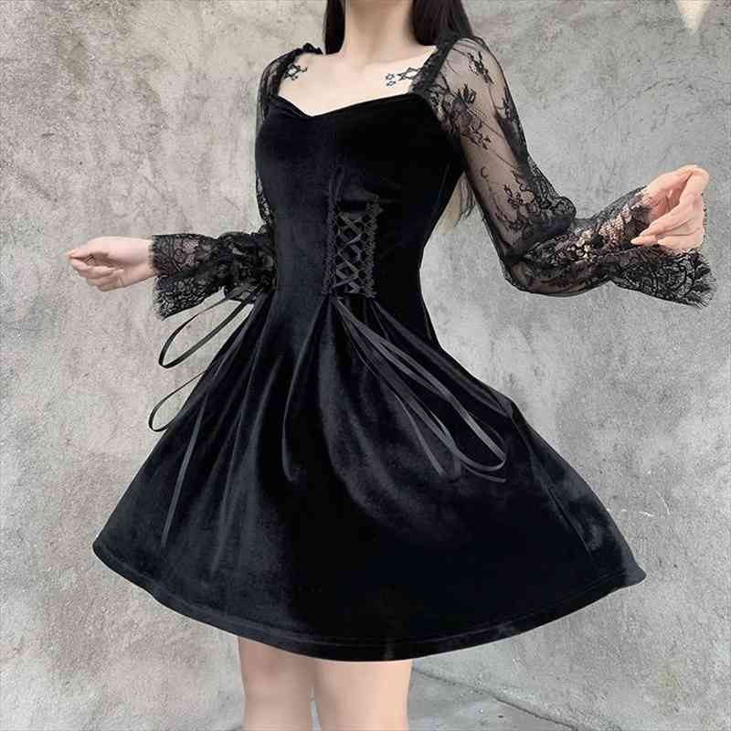 

Halloween Gothic Lolita Dress lace Mini Long Sleeves Black Lace Draped Bodycon Goth Vintage Birthday For Women, Black;gray