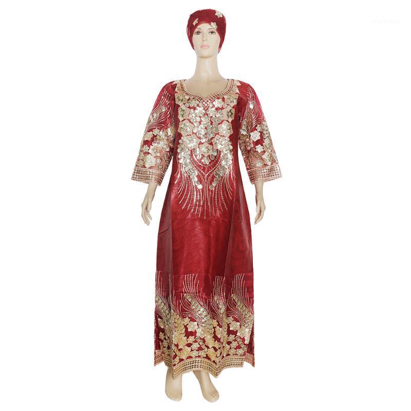 

Ethnic Clothing MD 2021 Plus Size African Outfits Women Bazin Riche Dresses Dashiki Maxi Robe With Head Wrap Traditional Sequin Party Dress, Red