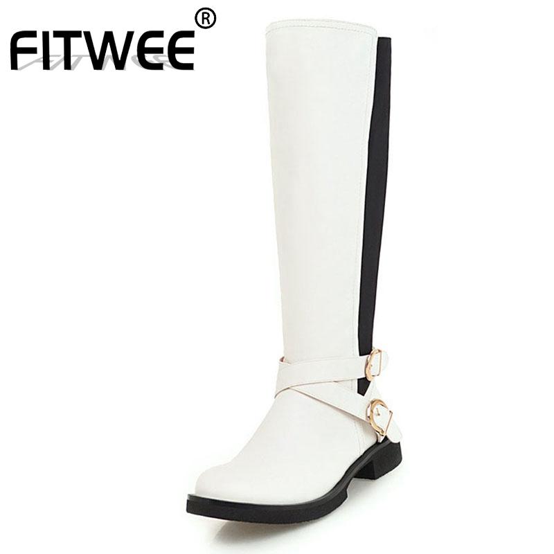 

FITWEE Plus Size 33-46 Women Knee Boots Fashion Zipper Buckle Winter Shoes Women Warm Fur Lady Basic Long Boot Footwear, Black