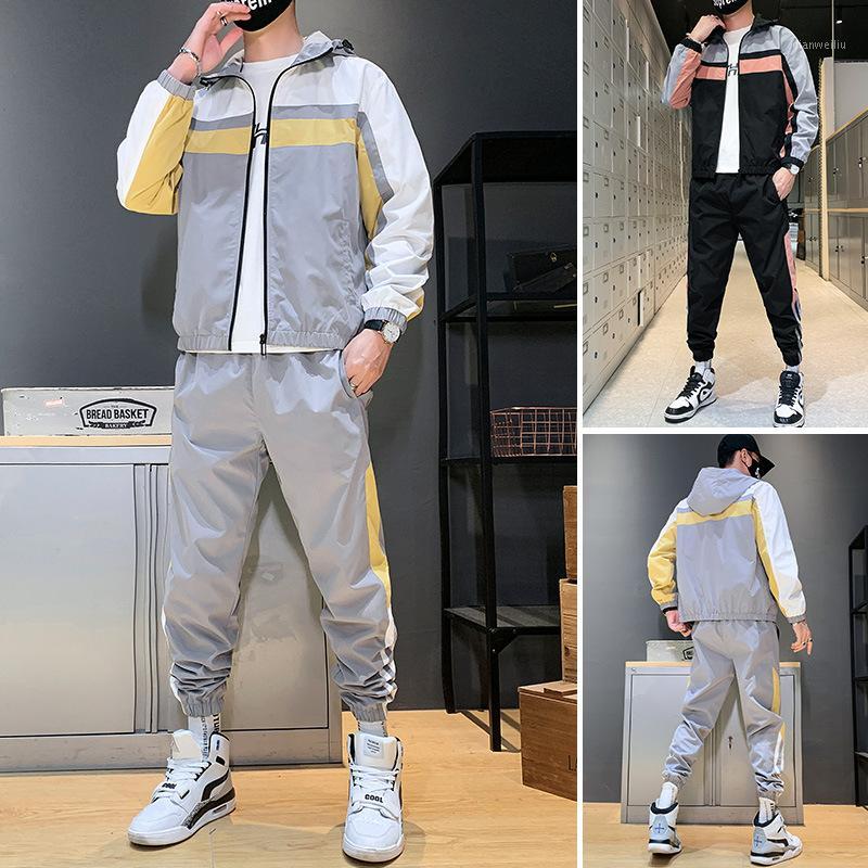 

Autumn Men Patchwork Tracksuit Sets Casual Sportswear two-piece suit Spring Men Hip Hop Streetwear hooded Zipper Jacket+Pants1, Black