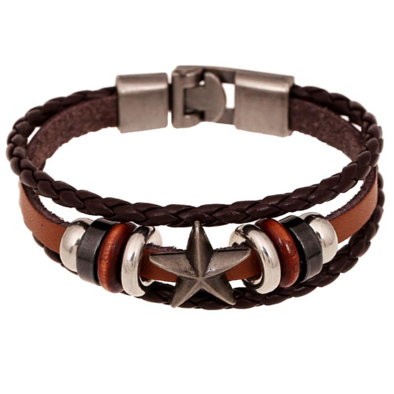

New Brand Five-pointed star Charm Genuine Leather Bracelets Vintage Handmade Braided Fashion Men Male Cuff Sporty Bracelets