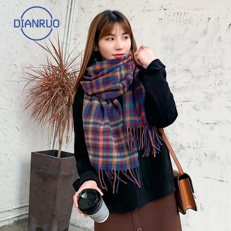 

DIANRUO Imitation Cashmere Scarf Women Winter 2020 New Korean Version Sweet Color Plaid Shawl Warm Thickened Neck Wholesale Q443