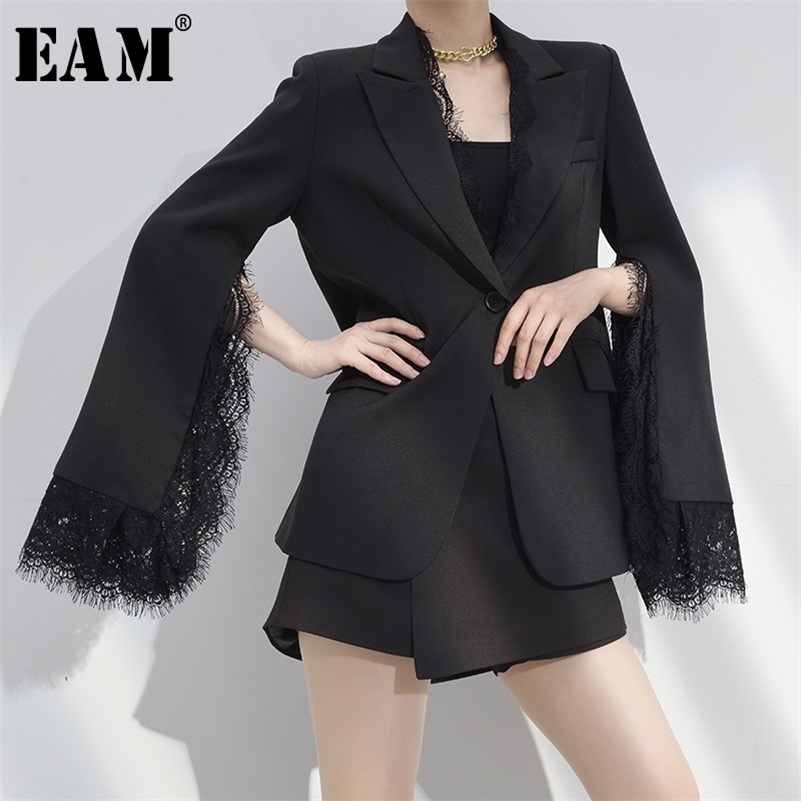 

[EAM] Women Black Lace Vent Split Joint Blazer New Lapel Long Sleeve Loose Fit Jacket Fashion Tide Spring Autumn 1W51701 201114