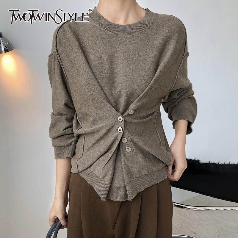 

VGH Ruched Casual Sweater For Women O Neck Long Sleeve Asymmetrical Design Knitted Sweaters Female Fashion Clothing 2020 Autumn, Blue