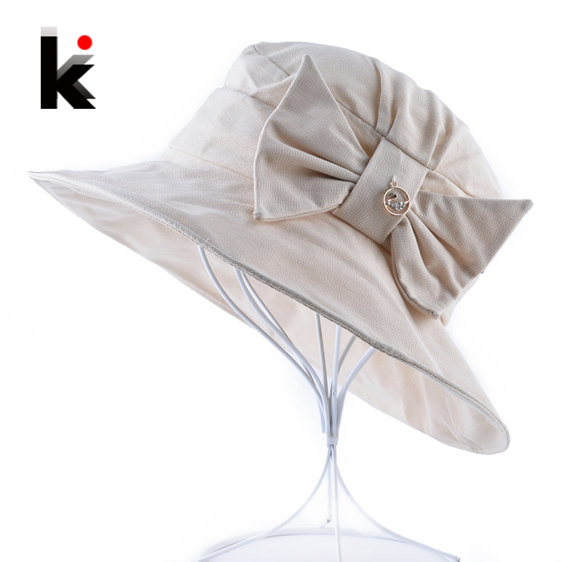 

Women's Summer Cotton Sun Cap Female Solid Bow-knot Bucket Hat Outdoor Anti-UV Floppy Chapeau Beach Hats Sombreros Mujer Verano, Beige