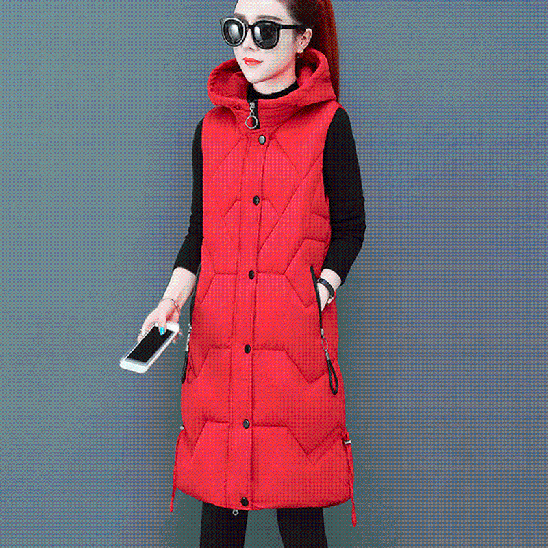 

Women Winter Long Vest Cotton Korean Plus Size Zipper Casual Jackets Autumn Solid Hooded Coats Long Sleeveless Vest Women Coat, Black