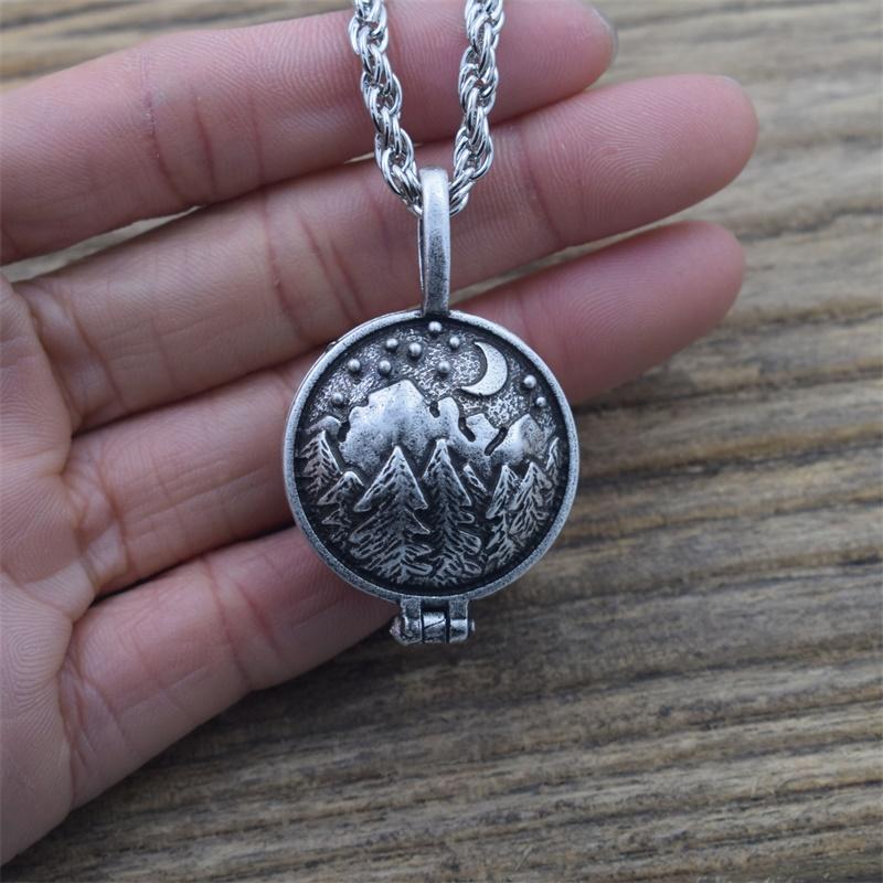 

12pcs Engraved With Mountain Moon Forest Locket Necklace Outdoor Travel Jewelry