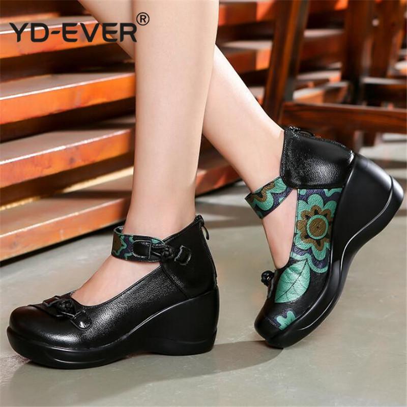 

New Autumn Retro Printing Genuine Leather Shoes Women High Heel Shoes Wedges Non-slip Fashion Elegant Lady, Black