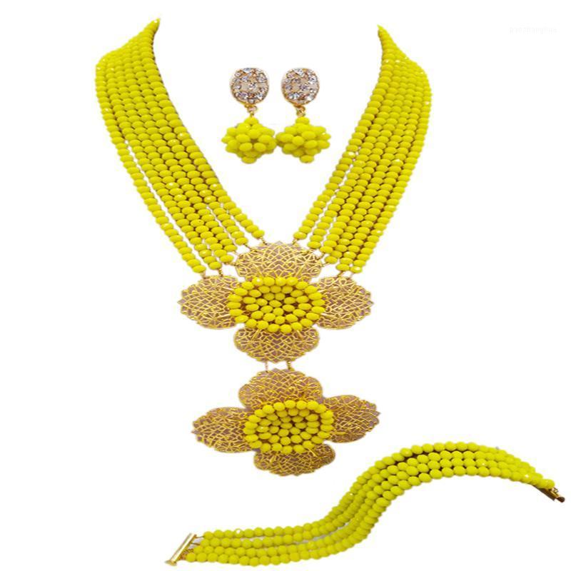 

Earrings & Necklace Fashion Opaque Yellow African Beads Jewelry Set Crystal 6LDH02, Silver