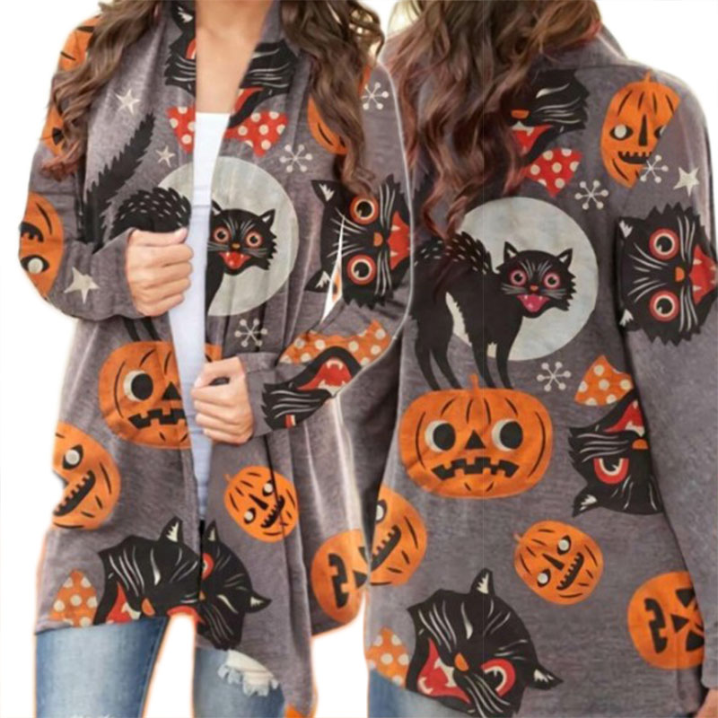 

Women' Pumpkin Cat Cardigan Halloween Long Sleeve Open Front Knit Sweater Overwear Coat Plus Size Sweatshirt -3XL