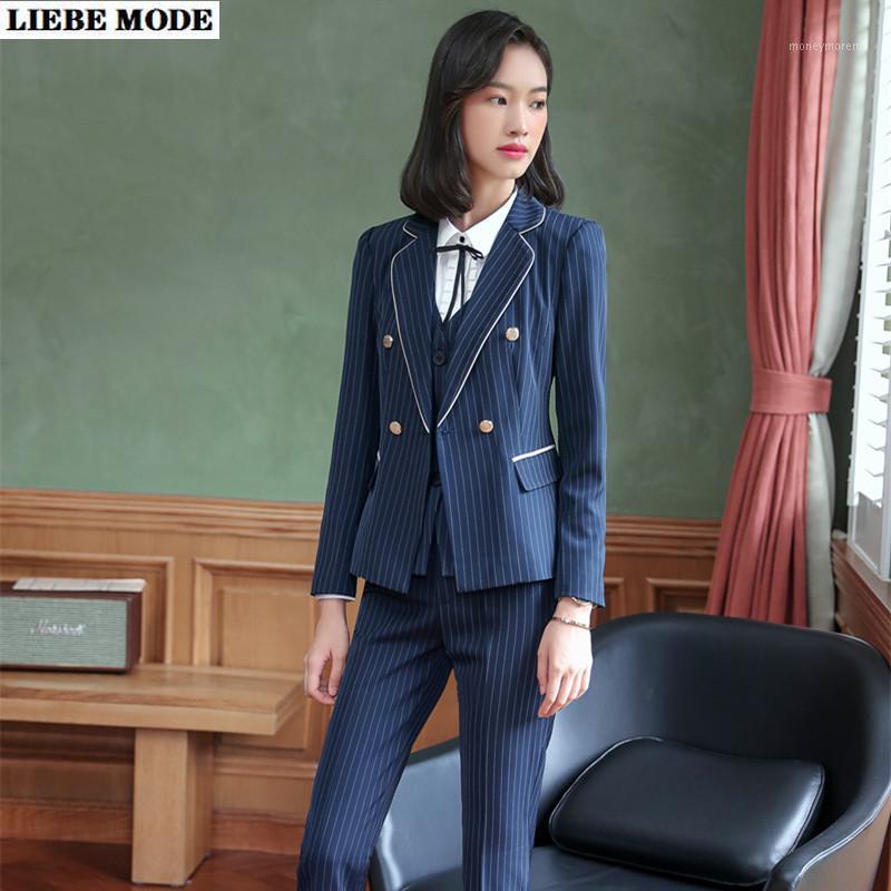 

Office Ladies 3 Piece Sets Black Navy Blue Striped Work Outfit Women Elegant Formal Pants Skirts Suit Woman Blazer Vest Pant1, 3 piece pant suit