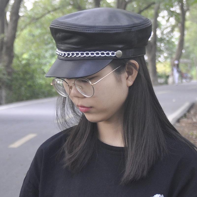 

Berets Adult Unisex Genuine Leather Navy Cap Autumn Winter Fashion Chain Flat Casquette Hat Casual Street Sheepskin Men Women Beret, Black