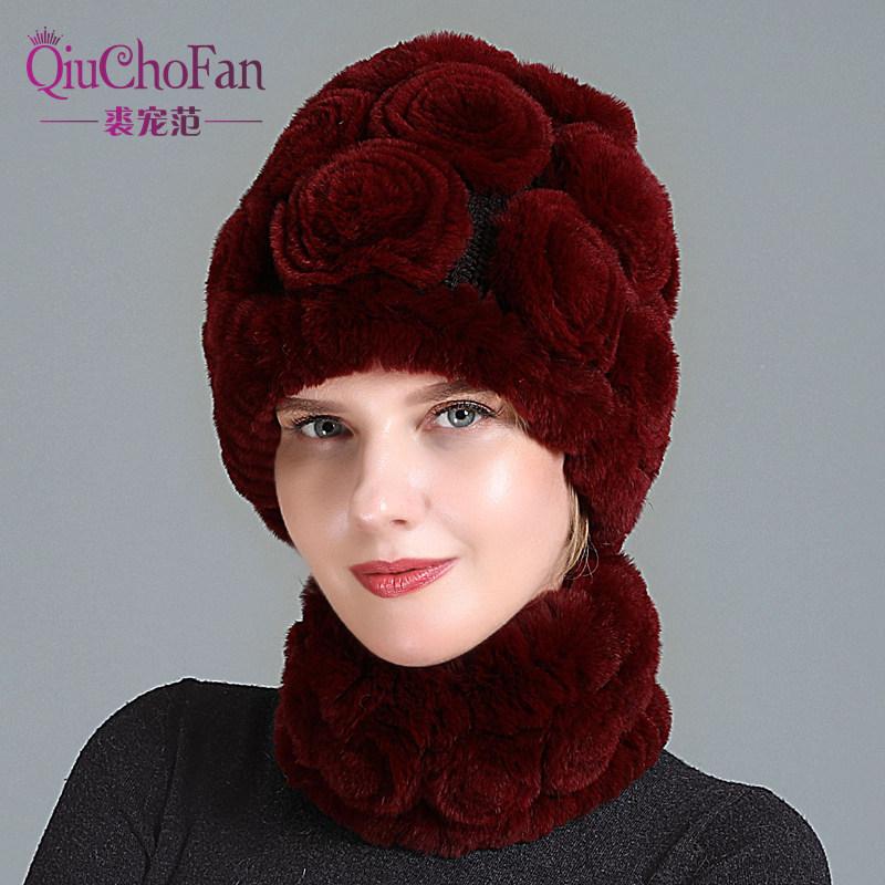 

Winter Women Warm Real Rex Fur Scarf Hat Set Lady Knitted Real Fur Hats Scarves Good Elastic Natural Mufflers Caps, Color7