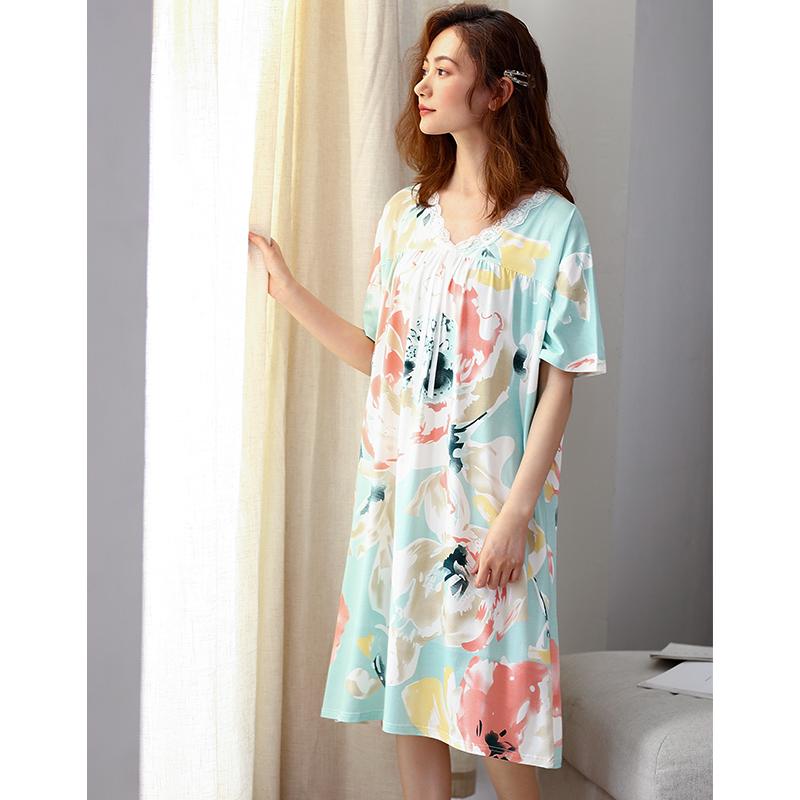 

Summer 100% Modal O-neck Women Short Sleeved Sleepwear Print Nightgowns Nightwear Nightdress Sleepwear Nightgown Sleepshirts 3XL, 20266