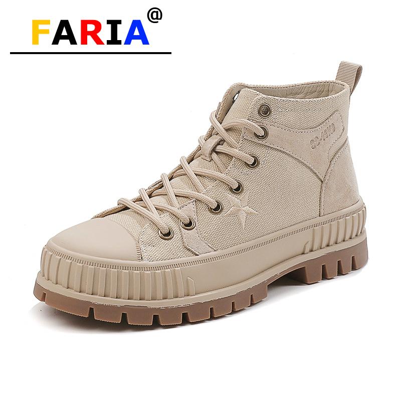 

2020 fashion breathable canvas+genuine leather Work & Safety boots women 4cm heel flat with Spring/Autumn lace up casual shoes, Black