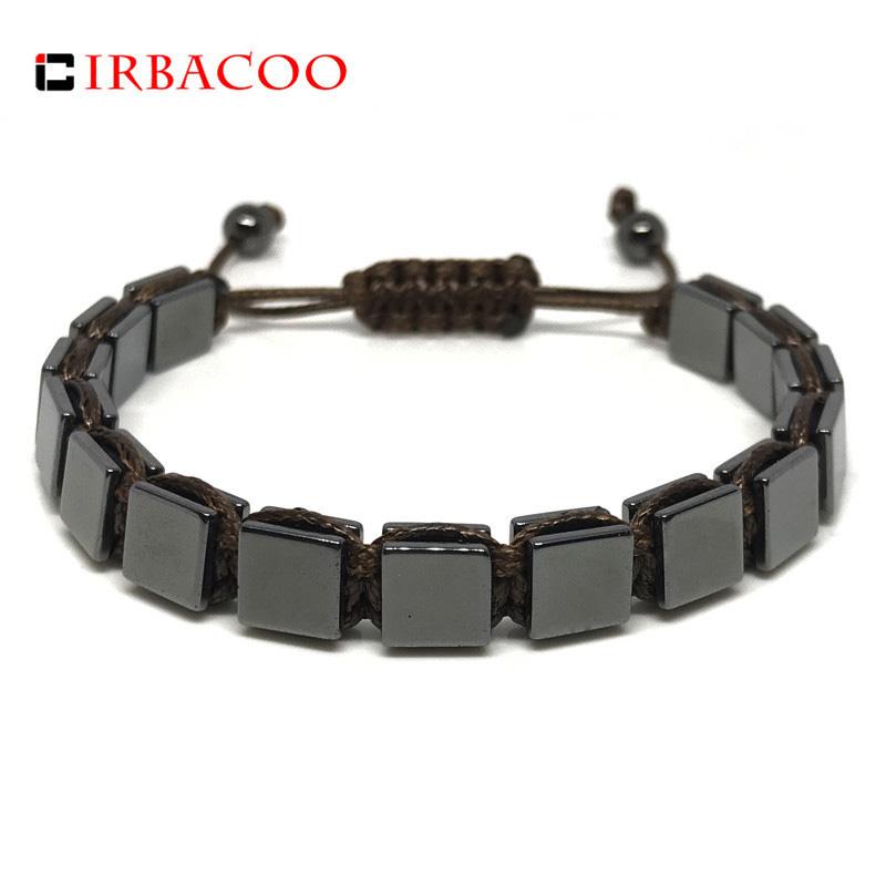

Charm Bracelets IRBACOO 2021 Luxury Men Bracelet 8mm Flat Square Hematite Stone Beads With Leather Cord For Braided Macrame Jewelry