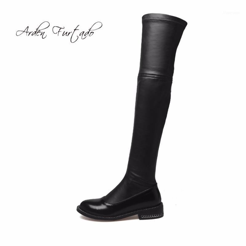 

new 2020 spring autumn flats boots over the knee long boots genuine leather stretch fabric woman shoes chains thigh high1, Black leather