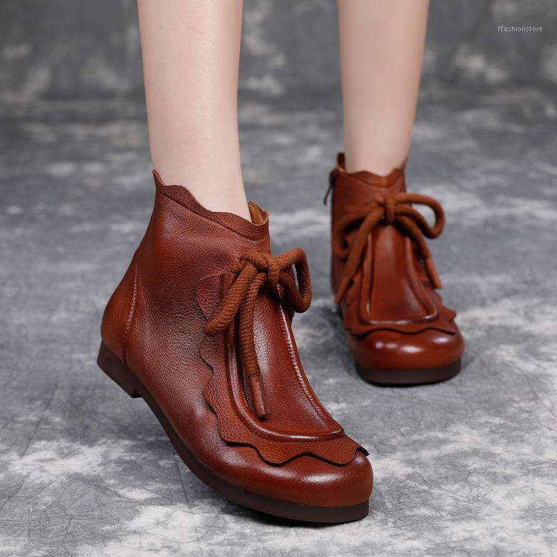 

VALLU 2020 autumn and Winter New Flat Ankle Boots Women's Genuine Leather Retro Rope Solid Color Casual Thin Boots1, Black