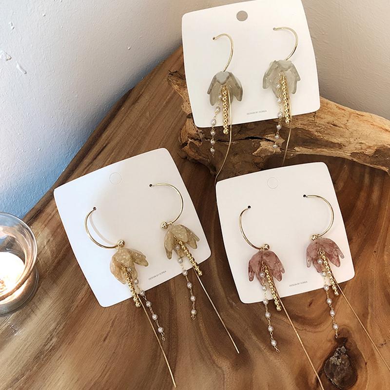 

Hoop & Huggie Trendy Acrylic Flower Long Tassel Earrings Metal Chain Simulated Pearl For Women Statement Plants Jewelry