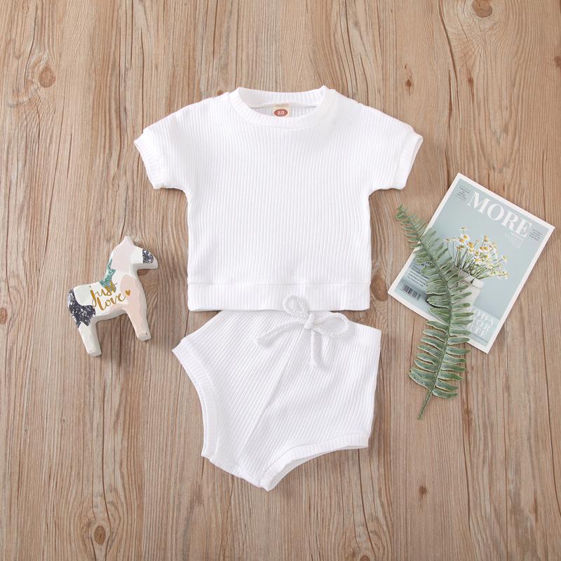 

2Pcs Fashion New Summer Kids Baby Boys Girls Solid Cotton Ribbed Short Sleeve Stitch Tops T-shirt Shorts Outfits Set Hot Sale, Wh