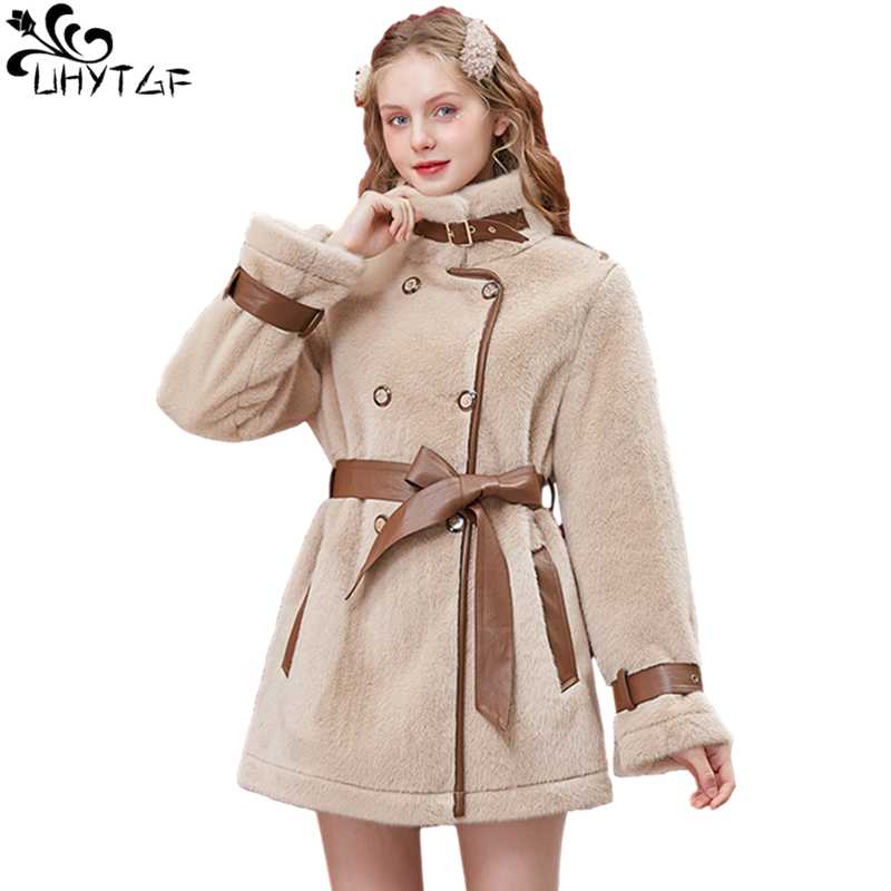 

UHYTGF Faux Coat Women Winter Clothes Long Coat Jacket Woman Double Breasted With Belt Warm Coats Manteau Femme 951